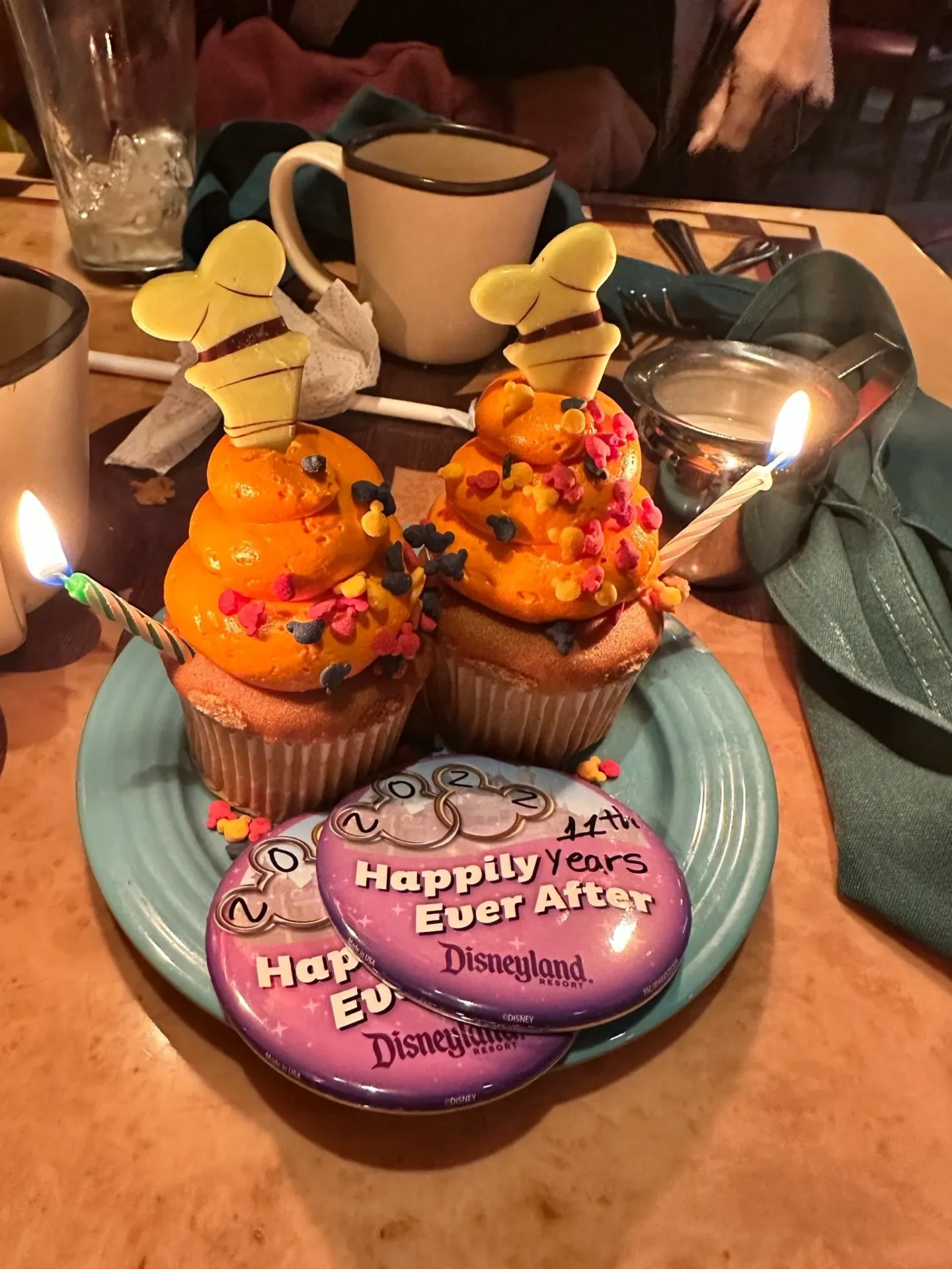 A plate with two cupcakes and candles on it.